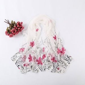 White Chiffon Pink Floral Wrap Scarf Shawl